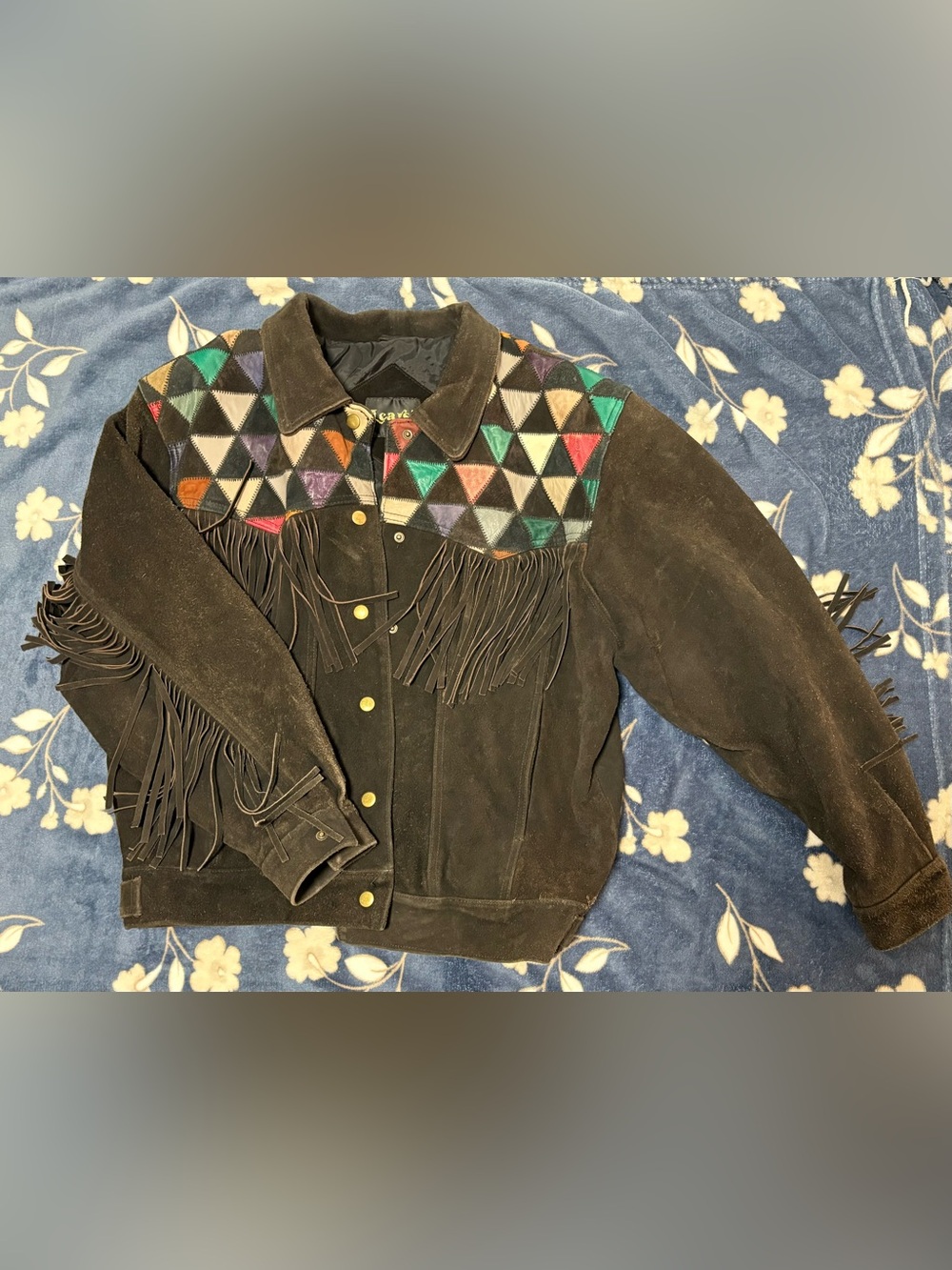 Brown Suede Fringe Jacket with Multicolor Triangle Inset